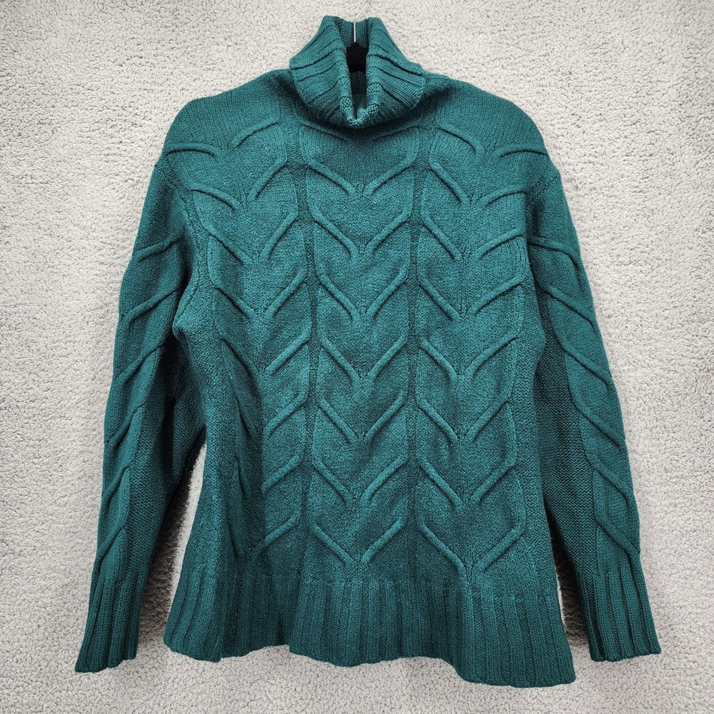 Wilfred Aritzia Teal Green 100% Merino Wool Chevron Cable Turtleneck Sweater S